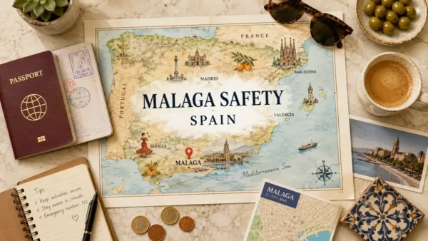 Is Malaga Safe? Safety Tips for Travelers 6 Overhead travel flat lay with a Malaga safety map poster, passport, notebook, coffee, olives, and city map.