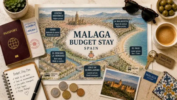 Overhead travel flat lay with a Malaga budget stay map poster, passport, room key, coins, coffee, notebook, and city map.