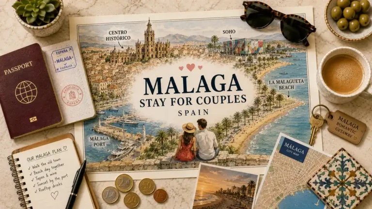 Overhead travel flat lay with a romantic Malaga map poster, passport, room key, coffee, notebook, and city map.