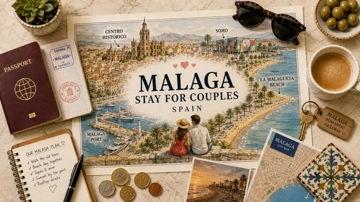 Where to Stay in Malaga for Couples 2 Overhead travel flat lay with a romantic Malaga map poster, passport, room key, coffee, notebook, and city map.