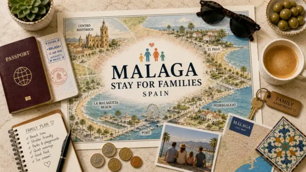 Overhead travel flat lay with a Malaga family stay map poster, passport, apartment key, coffee, notebook, and city map.