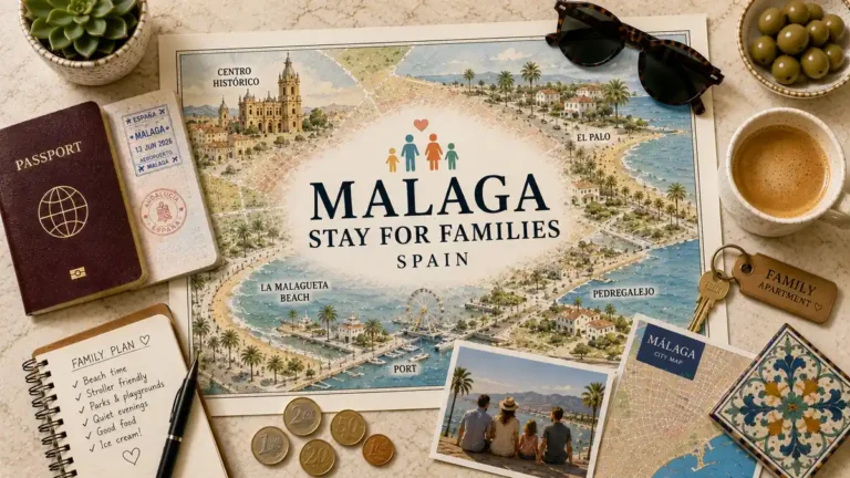 Overhead travel flat lay with a Malaga family stay map poster, passport, apartment key, coffee, notebook, and city map.