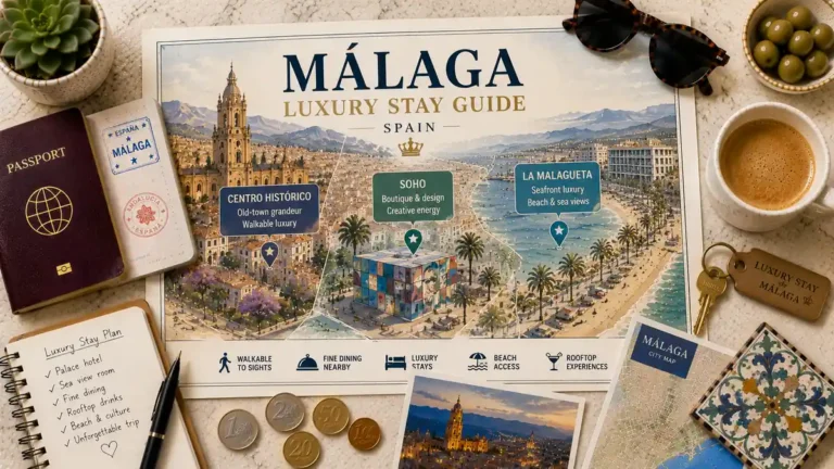Overhead travel flat lay with a Malaga luxury stay map poster, passport, room key, coffee, notebook, and city map.