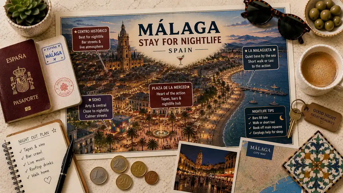 Where to Stay in Malaga for Nightlife 2 Overhead travel flat lay with a Malaga nightlife stay map poster, passport, room key, coffee, notebook, and city map.