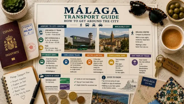 Overhead travel flat lay with a Malaga transport guide poster, passport, coffee, notebook, coins, and city map.
