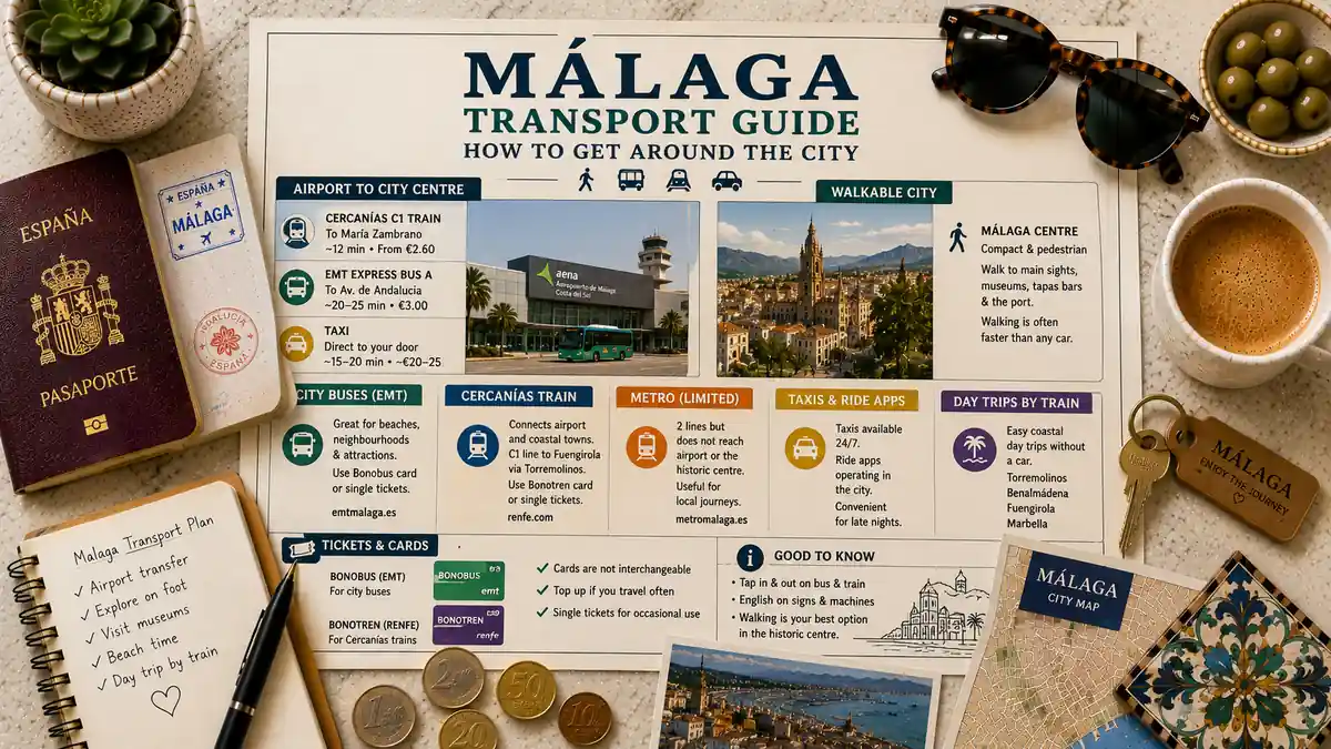 Overhead travel flat lay with a Malaga transport guide poster, passport, coffee, notebook, coins, and city map.