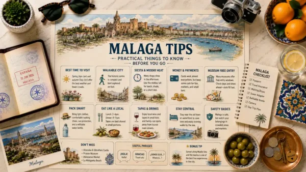 Malaga Travel Tips: What to Know Before You Go 5 Flat lay Malaga tips guide with large centered title, passport, checklist, sunglasses, citrus, olives, coins, and travel planning props.
