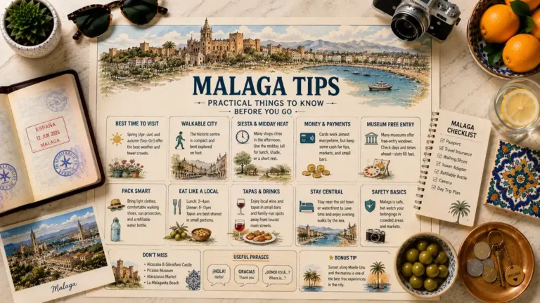 Flat lay Malaga tips guide with large centered title, passport, checklist, sunglasses, citrus, olives, coins, and travel planning props.