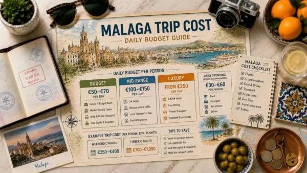 Malaga Trip Cost: A Daily Budget Guide 9 Flat lay Malaga trip cost guide with passport, budget cards, checklist, citrus, olives, coins, and travel planning props.