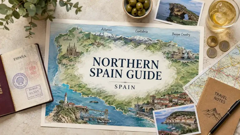 Flat lay travel map of Northern Spain with passport, coastal postcards, olives, and route notes.