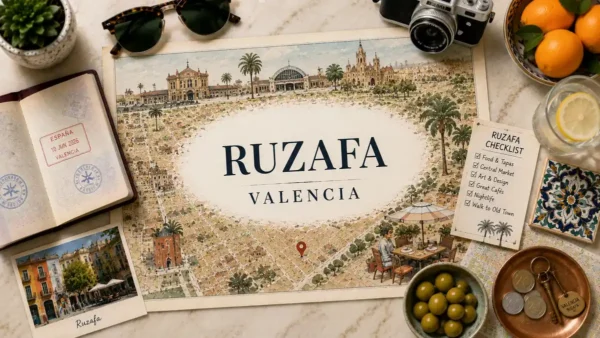 Ruzafa, Valencia: Where to Stay in the Hip Barrio 4 Flat lay Ruzafa Valencia map with passport, checklist, citrus, tile, olives, coins, and barrio travel props.