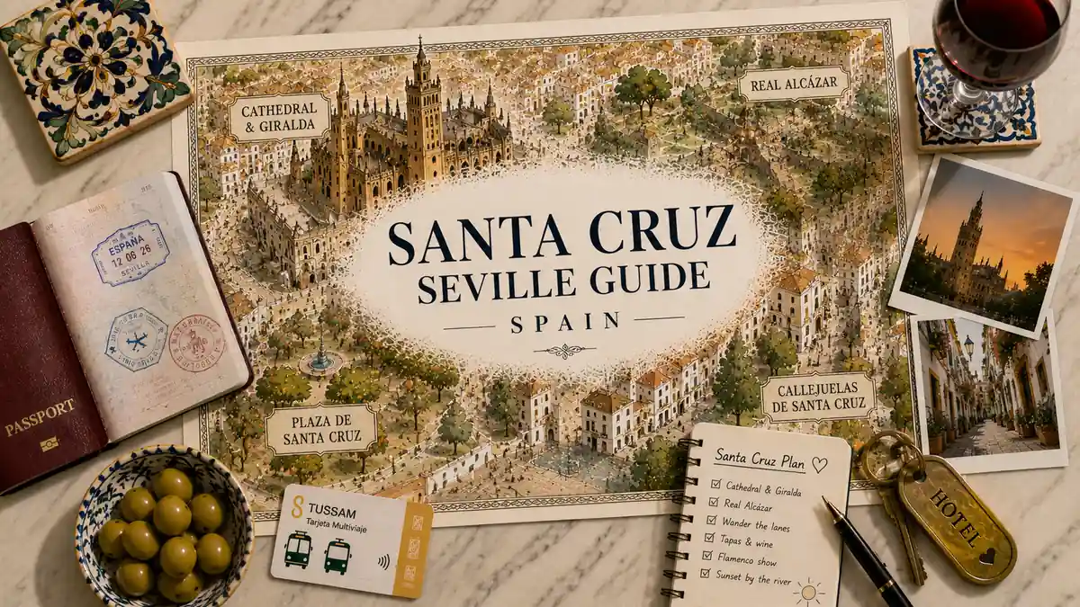 Where to Stay in Santa Cruz, Seville: Honest Guide 2 Illustrated Santa Cruz Seville stay map with passport, cathedral landmarks, wine, olives, hotel key, and travel plan.