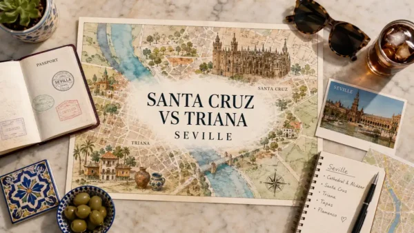 Santa Cruz vs Triana: Where to Stay in Seville 6 Flat lay travel map comparing Santa Cruz and Triana in Seville with passport and local travel props