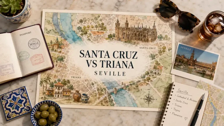 Flat lay travel map comparing Santa Cruz and Triana in Seville with passport and local travel props
