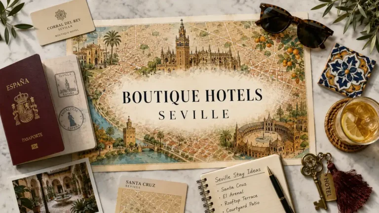 Flat lay travel map of Seville with boutique hotel planning objects, passport, tile, keys, and iced drink