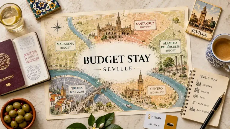 Flat-lay Seville budget stay map with a passport, coffee, notebook, olives and neighborhood value labels.