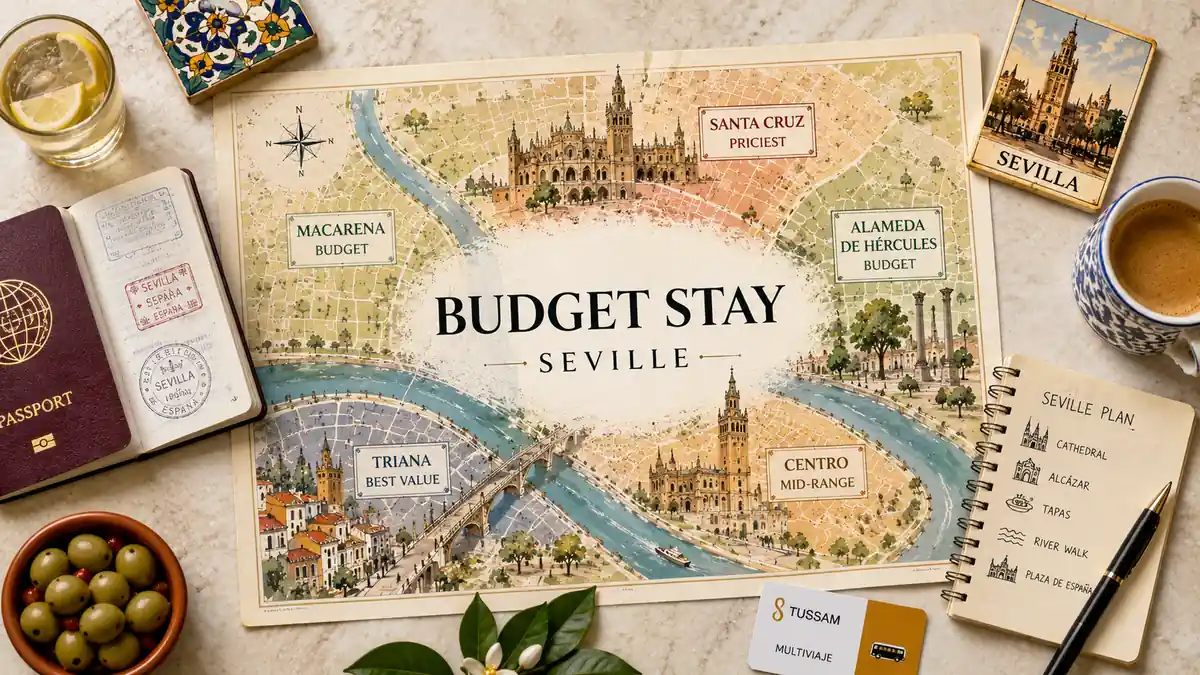 Where to Stay in Seville on a Budget 2 Flat-lay Seville budget stay map with a passport, coffee, notebook, olives and neighborhood value labels.