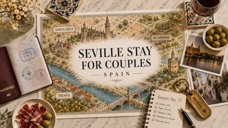 Illustrated Seville couples stay map with passport, hotel key, tapas, wine, photos, and romantic planning notes.