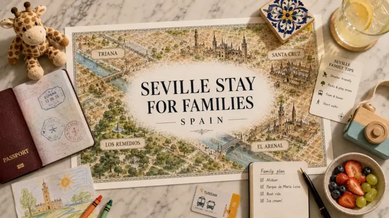 Illustrated Seville family stay map with passport, toy, stroller tips, transit card, fruit, and travel plan.