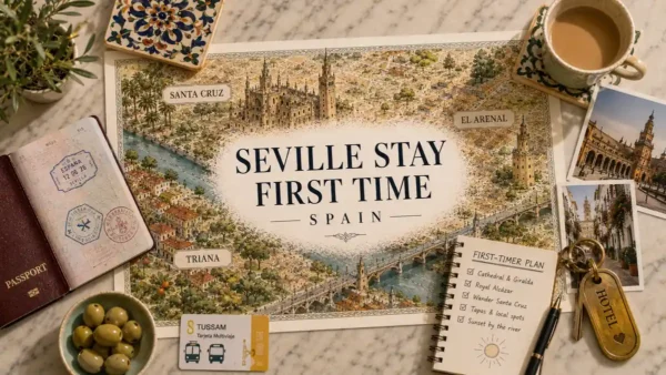 Where to Stay in Seville for First-Timers: Santa Cruz or Triana? 6 Illustrated Seville first-time stay map with passport, transit card, coffee, hotel key, photos, and planning notes.