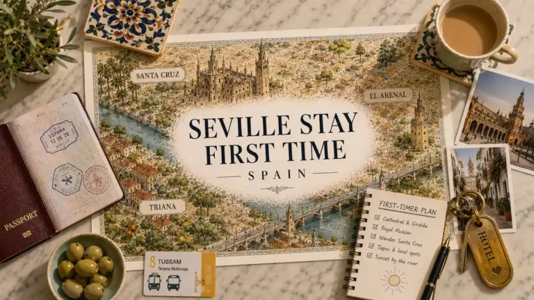 Illustrated Seville first-time stay map with passport, transit card, coffee, hotel key, photos, and planning notes.