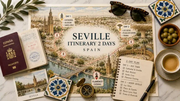 Flat lay Seville 2-day itinerary map with a passport, route markers, day-plan notebook, coffee, olives, and Andalusian tile.