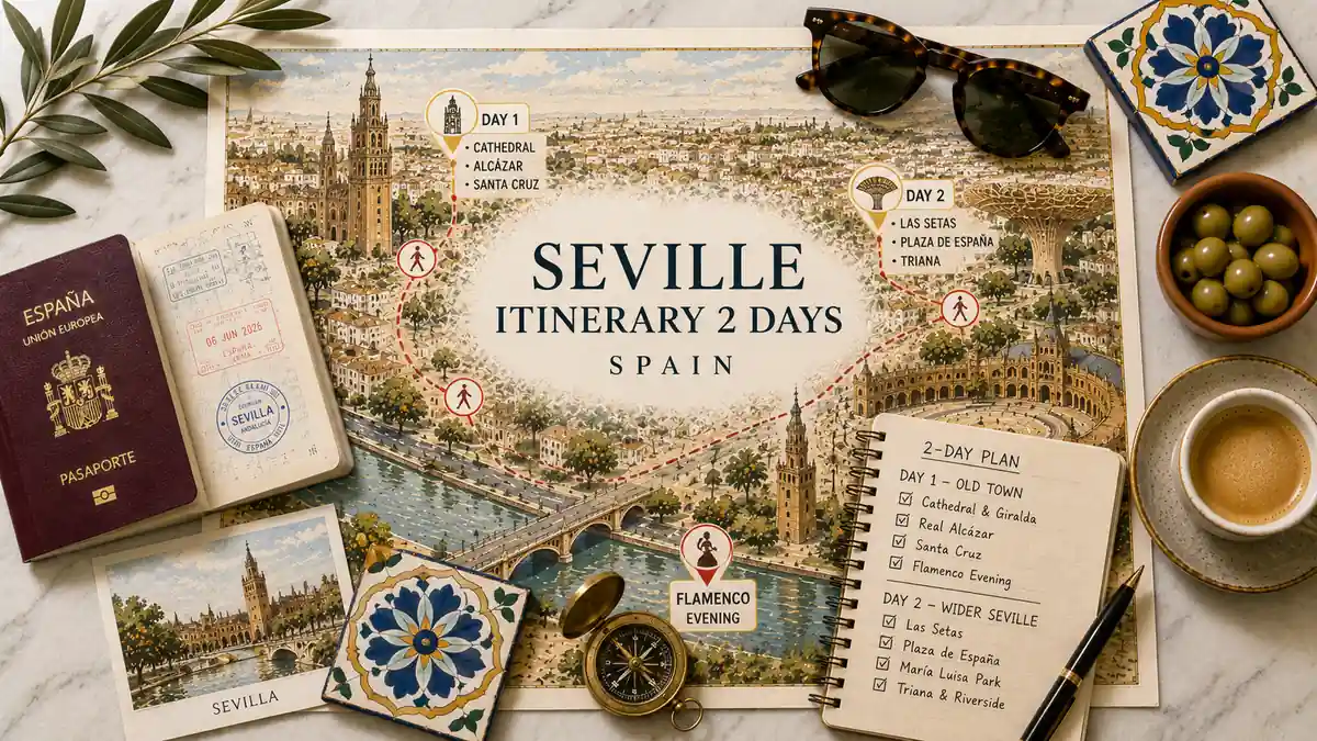 The Perfect 2 Days in Seville Itinerary 2 Flat lay Seville 2-day itinerary map with a passport, route markers, day-plan notebook, coffee, olives, and Andalusian tile.