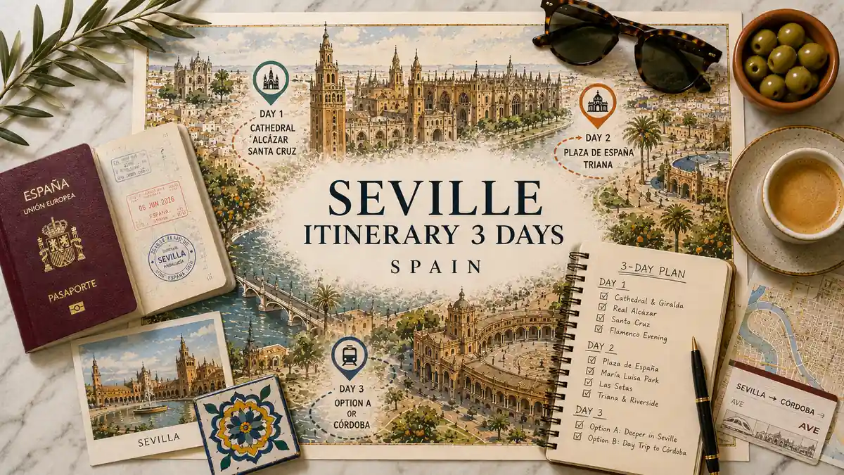 The Perfect 3 Days in Seville Itinerary 2 Flat lay Seville 3-day itinerary map with a passport, route markers, day-plan notebook, Córdoba rail card, coffee, olives, and Andalusian tile.