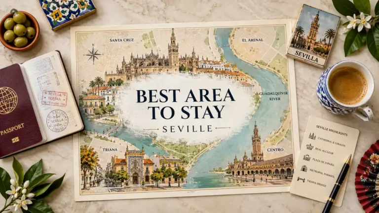 Flat-lay Seville stay map with a passport, coffee, ceramic tile, olives and neighborhood details.
