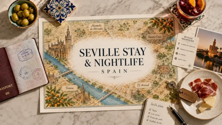 Illustrated Seville nightlife stay map with passport, hotel key, tapas, drink, and neighborhood planning cards.