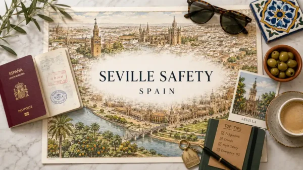 Flat lay travel map of Seville with a passport, safety notes, coffee, olives, and Andalusian tile.