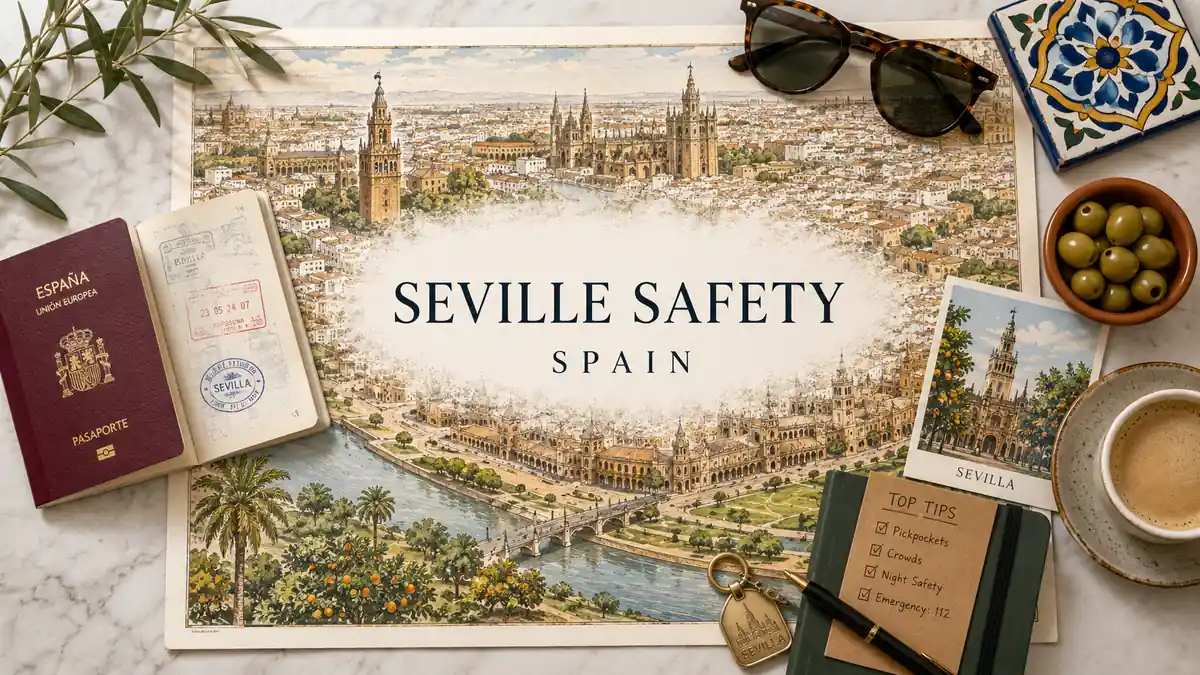 Flat lay travel map of Seville with a passport, safety notes, coffee, olives, and Andalusian tile.