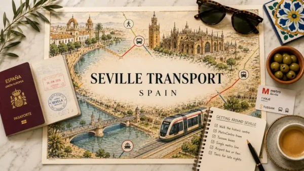 Flat lay Seville transport map with a passport, tram route icons, metro ticket, notebook, coffee, olives, and Andalusian tile.
