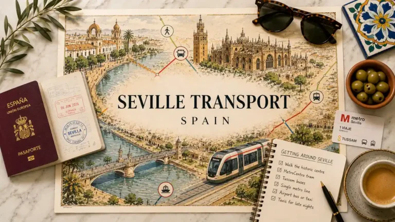 Flat lay Seville transport map with a passport, tram route icons, metro ticket, notebook, coffee, olives, and Andalusian tile.