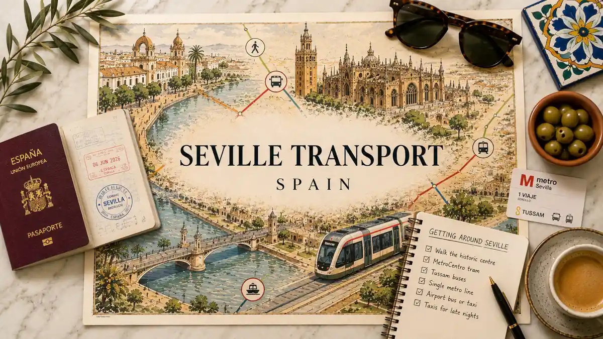 Flat lay Seville transport map with a passport, tram route icons, metro ticket, notebook, coffee, olives, and Andalusian tile.