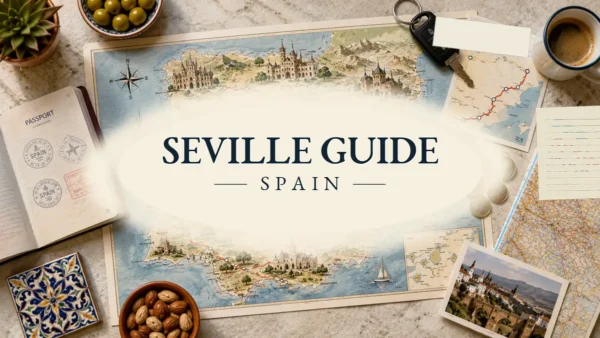 Travel to Seville, Spain: Sights, Days & Where to Stay 7 Flat lay travel map for a Seville guide with passport, Spanish tile, olives, coffee, and Andalusia-inspired notes.