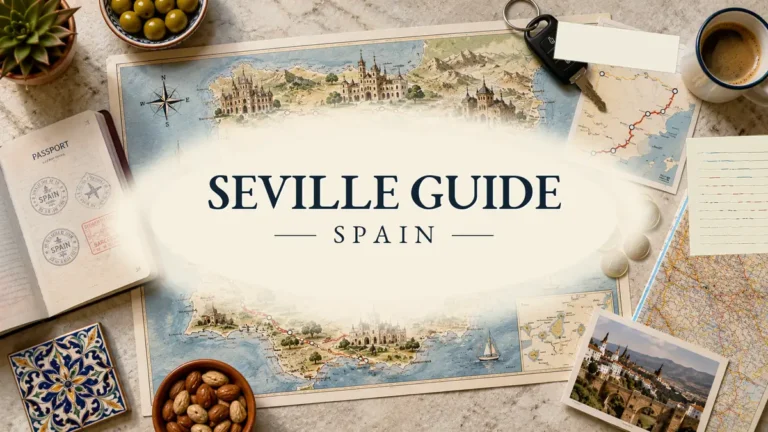 Flat lay travel map for a Seville guide with passport, Spanish tile, olives, coffee, and Andalusia-inspired notes.