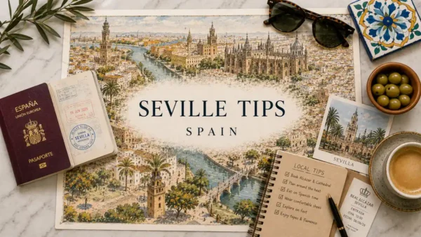 Flat lay Seville travel tips map with a passport, local checklist, coffee, olives, and Andalusian tile.