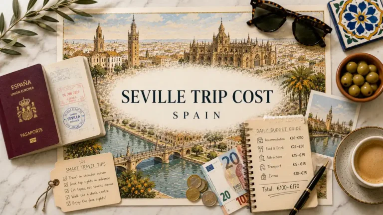 Flat lay Seville trip cost map with a passport, budget notebook, euro notes, coins, coffee, olives, and Andalusian tile.