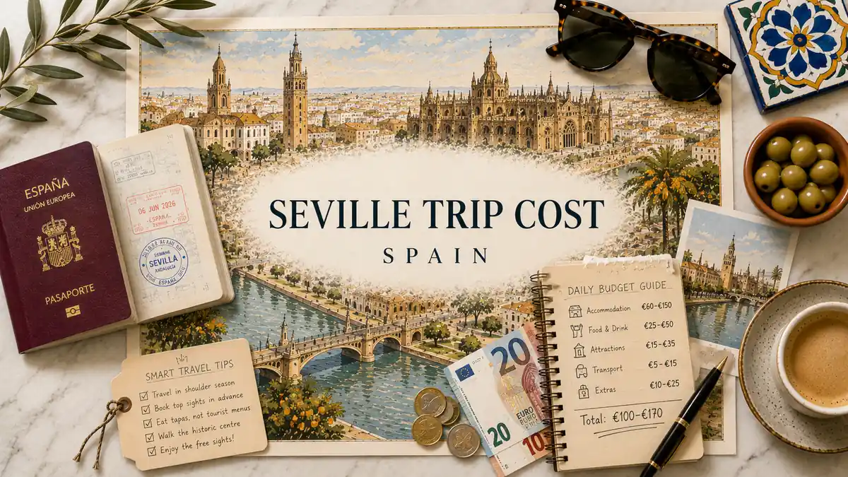 How Much Does a Seville Trip Cost? 2 Flat lay Seville trip cost map with a passport, budget notebook, euro notes, coins, coffee, olives, and Andalusian tile.