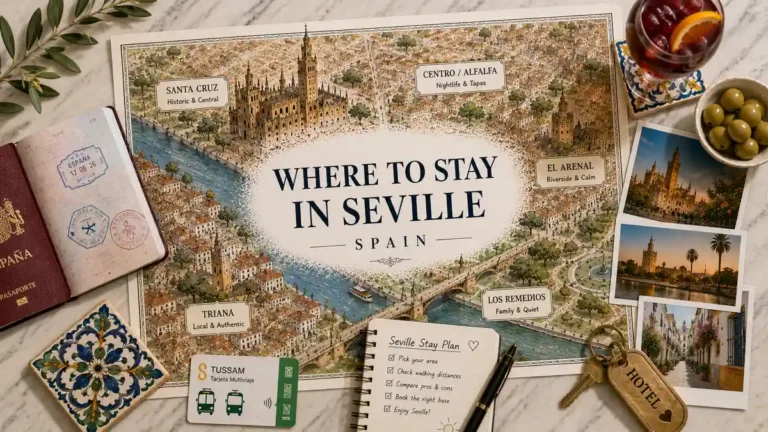 Illustrated Seville where-to-stay map with passport, transit card, hotel key, drink, photos, and planning notes.