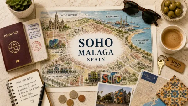 Staying in Soho, Malaga: Your Neighborhood Base Guide 5 Overhead travel flat lay with a Soho Malaga map poster, passport, apartment key, coffee, notebook, and city map.