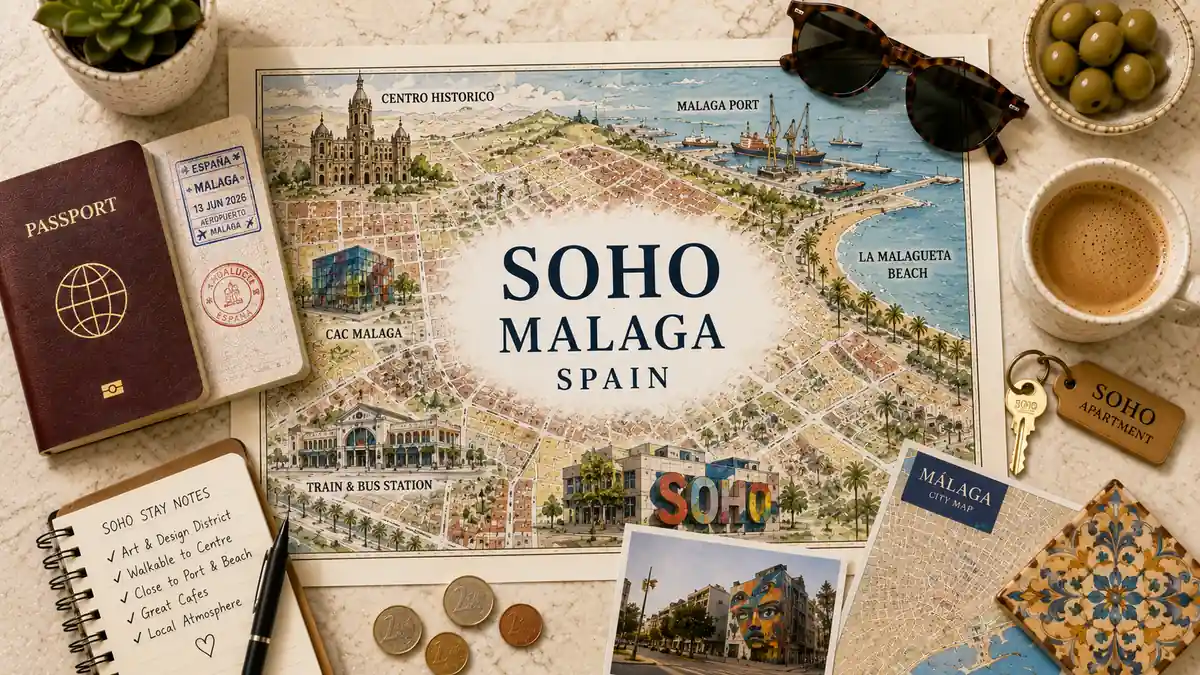 Staying in Soho, Malaga: Your Neighborhood Base Guide 2 Overhead travel flat lay with a Soho Malaga map poster, passport, apartment key, coffee, notebook, and city map.