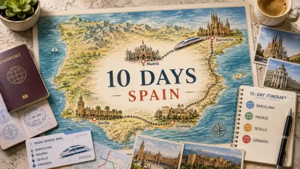 10 Days in Spain: The Perfect Itinerary & Route 4 Flat lay travel map of Spain with a passport, train ticket, route cards, and ten-day itinerary details.