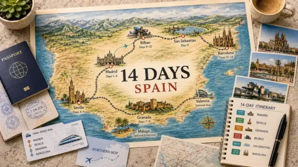 Flat lay travel map of Spain with a passport, rail ticket, route cards, and fourteen-day itinerary details.