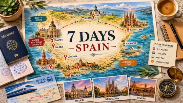 Flat lay travel map of Spain with route cards, passport, train ticket, and seven-day itinerary details.