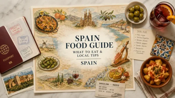 Spanish food guide flat lay with an illustrated Spain map, passport, tapas dishes, olives, wine, and travel notes.