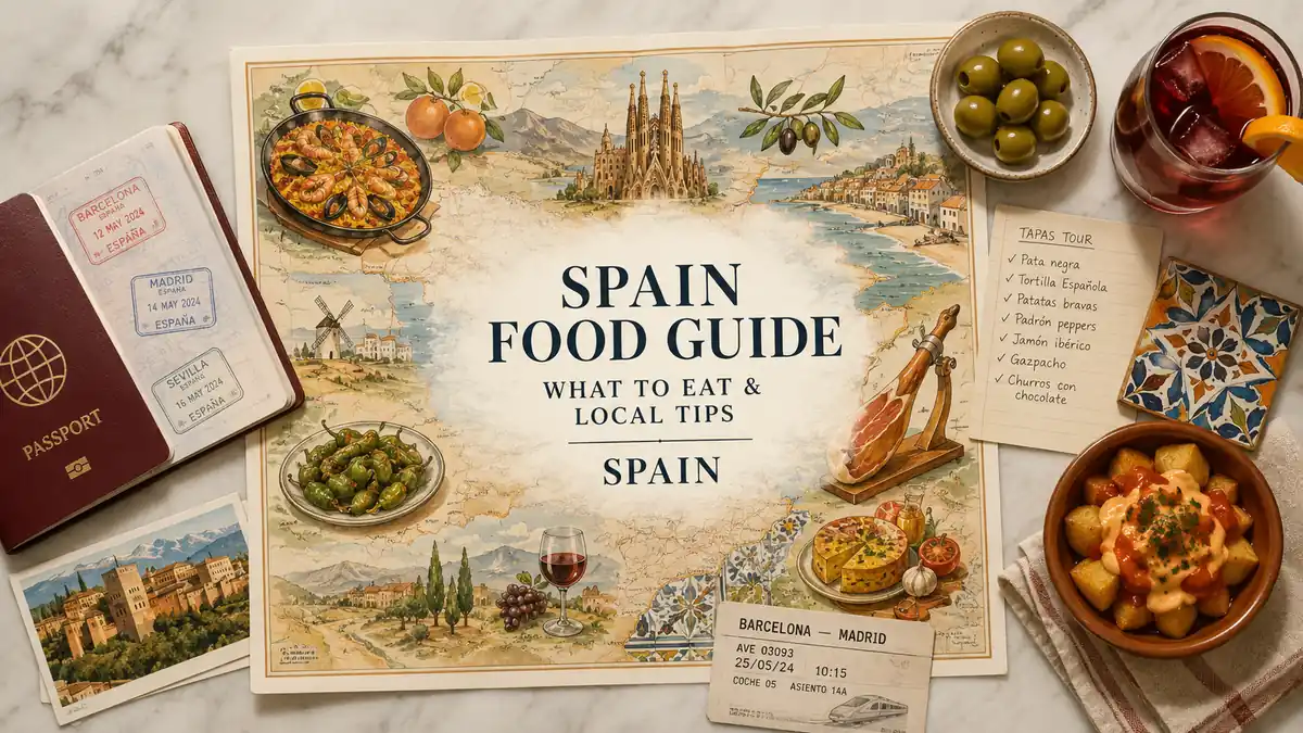 Spain Food Guide: What to Eat and How to Eat It 2 Spanish food guide flat lay with an illustrated Spain map, passport, tapas dishes, olives, wine, and travel notes.