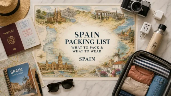 Spain packing list flat lay with an illustrated map, passport, EU adapter, sunscreen, sunglasses, and folded clothes.