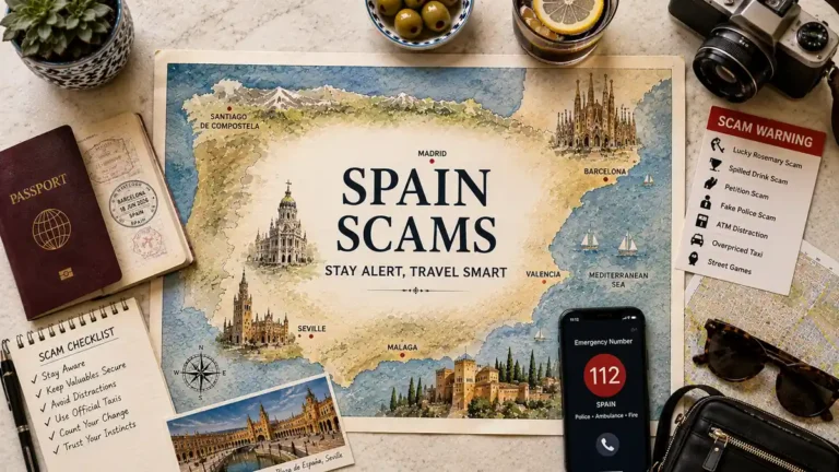 Overhead Spain travel flat lay with map poster, passport, scam warning card, emergency phone screen, and safety checklist.
